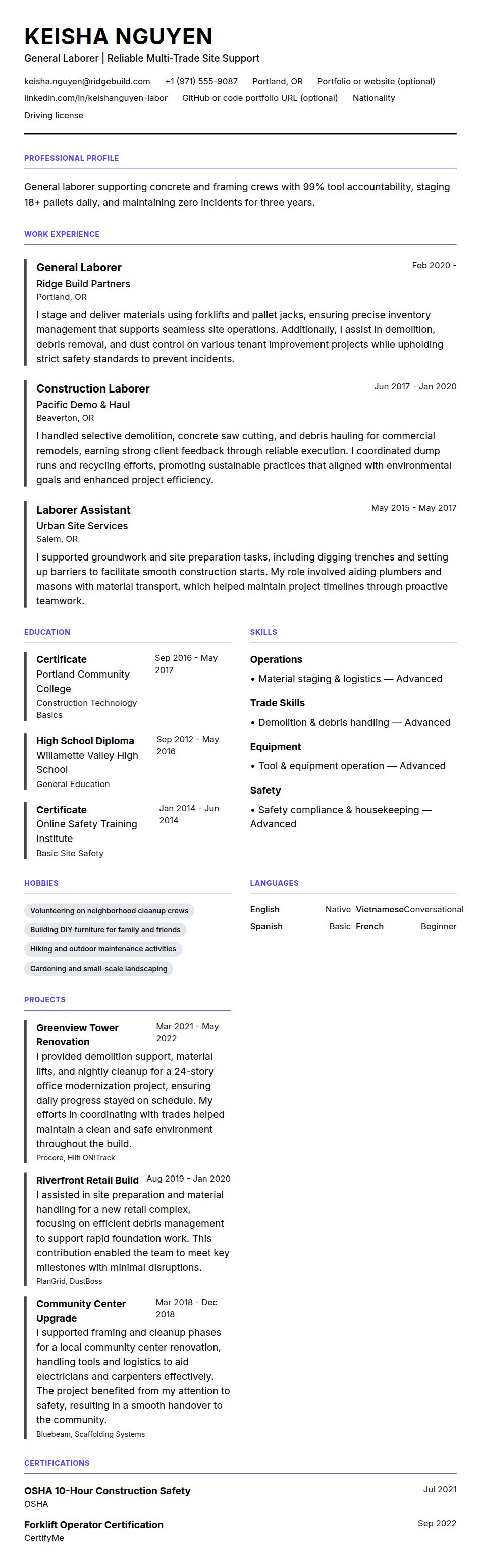 Resume preview for General Laborer Resume Example