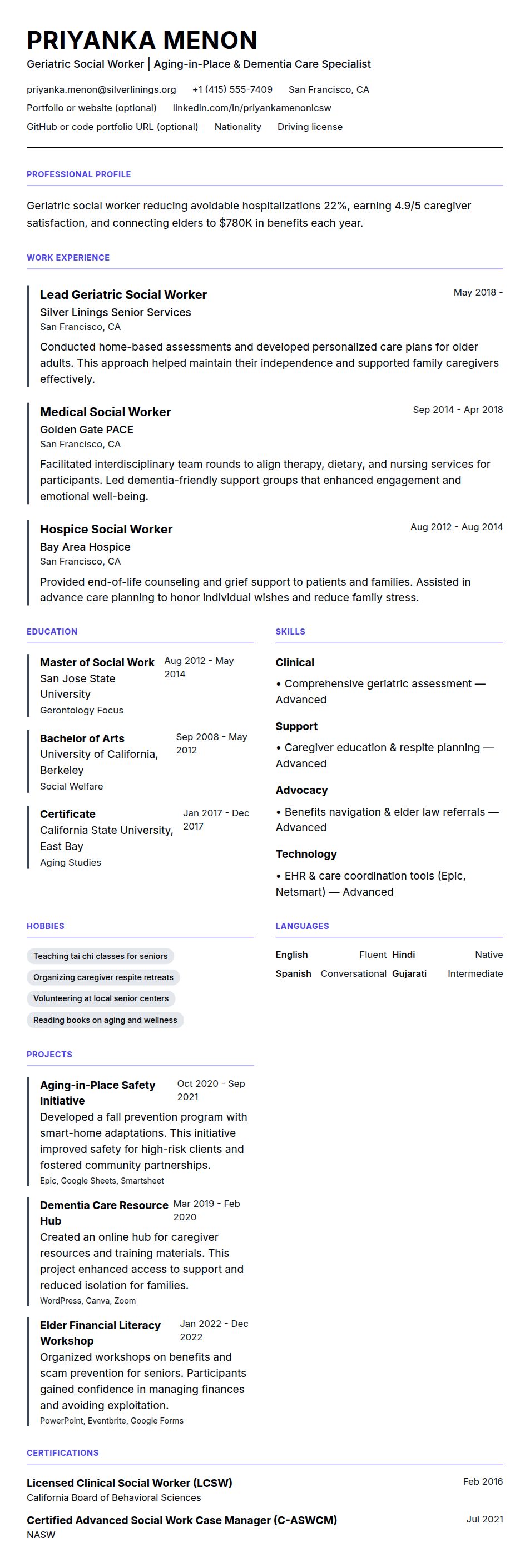 Resume preview for Geriatric Social Worker Resume Example