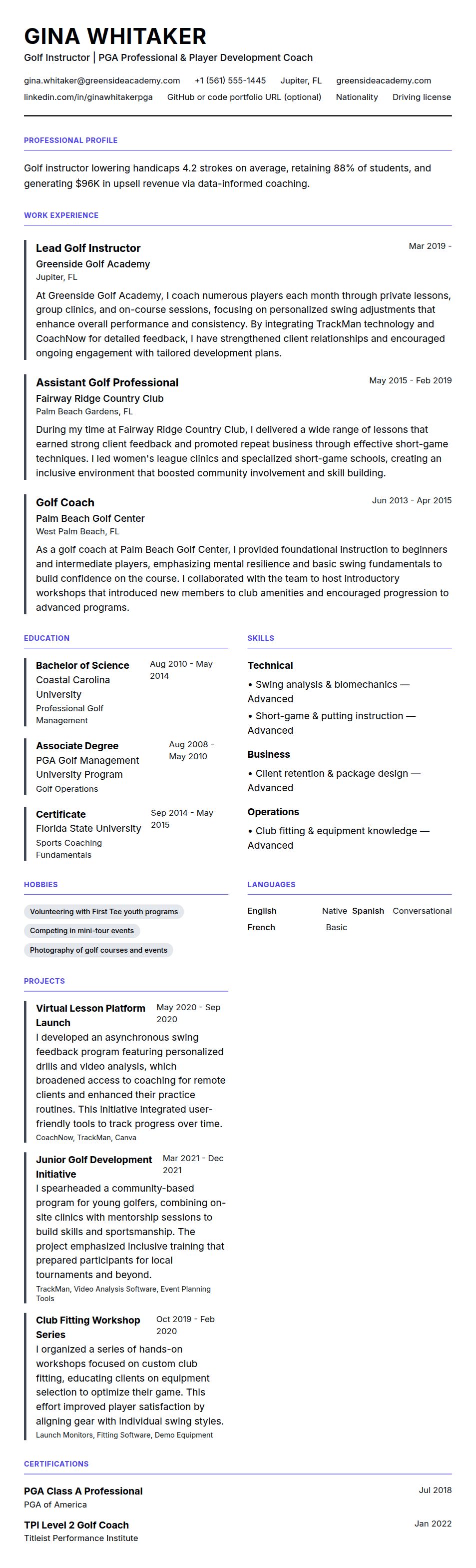 Resume preview for Golf Instructor Resume Example
