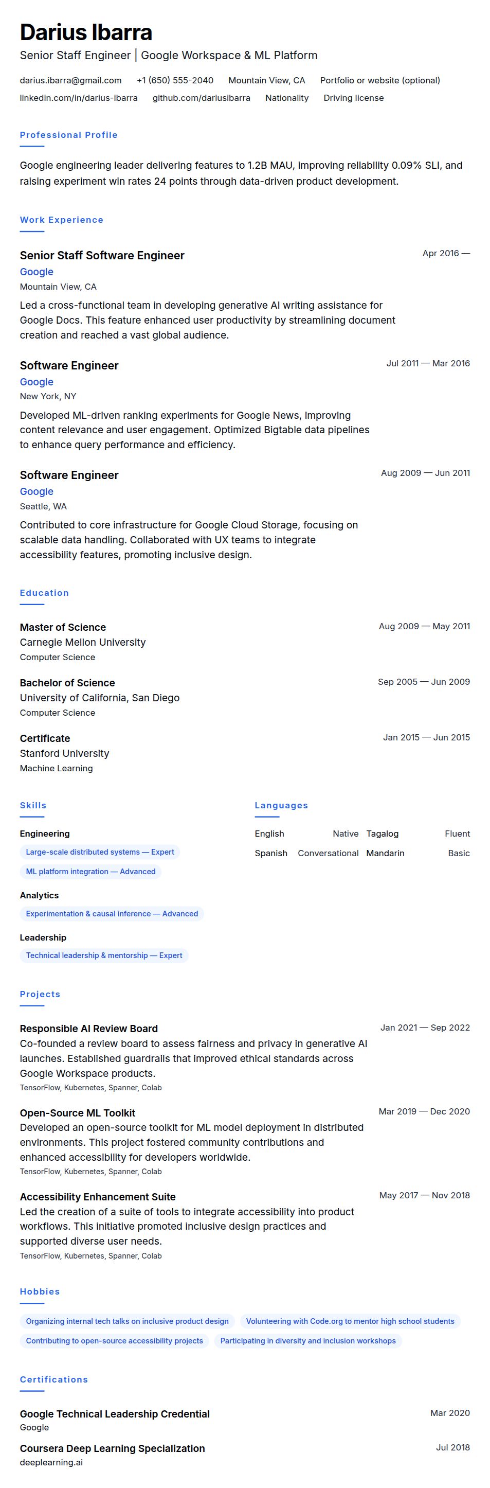 Resume preview for Google Resume Resume Example