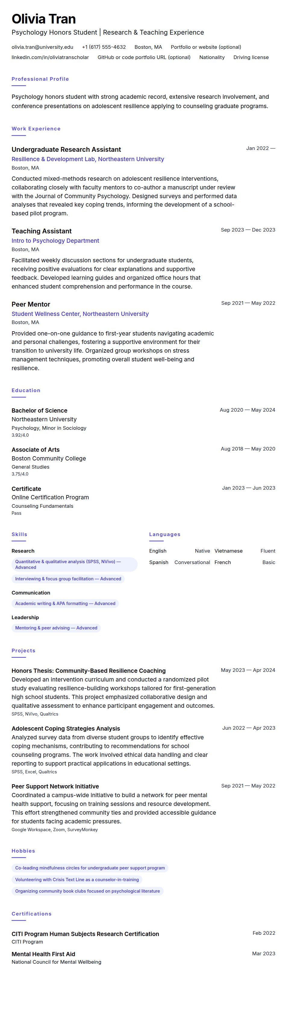 Resume preview for Graduate School Applicant Resume Example