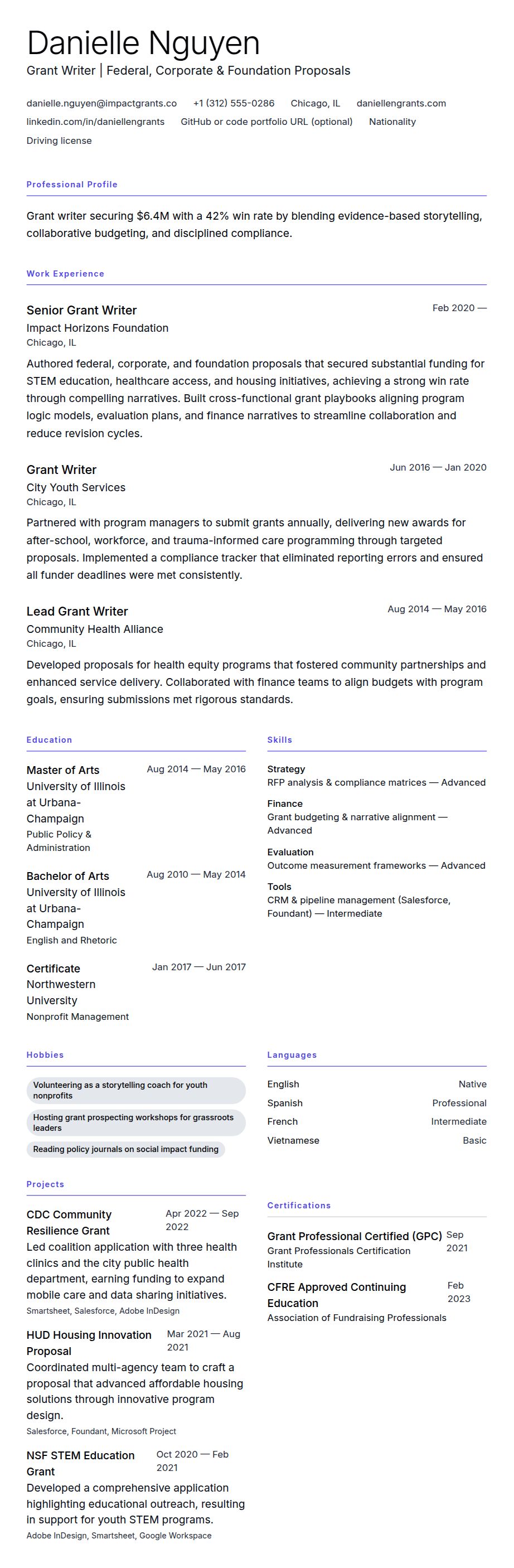 Resume preview for Grant Writer Resume Example