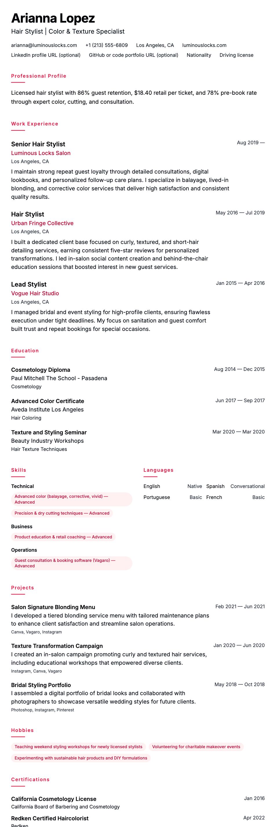 Resume preview for Hair Stylist Resume Example