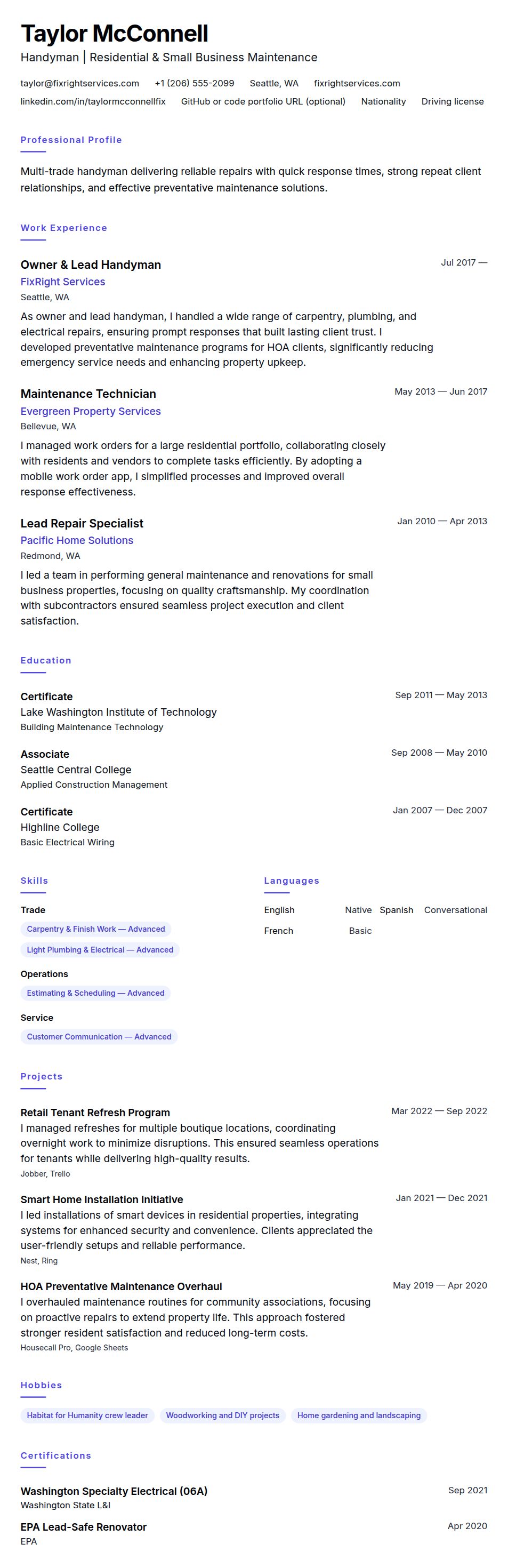 Resume preview for Handyman Resume Example