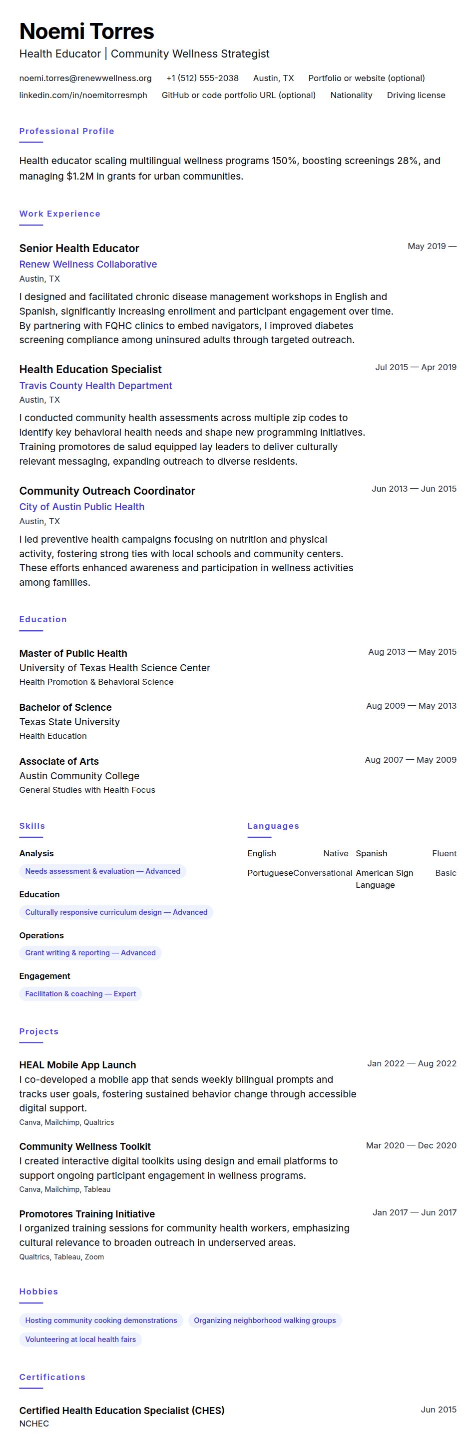 Resume preview for Health Educator Resume Example