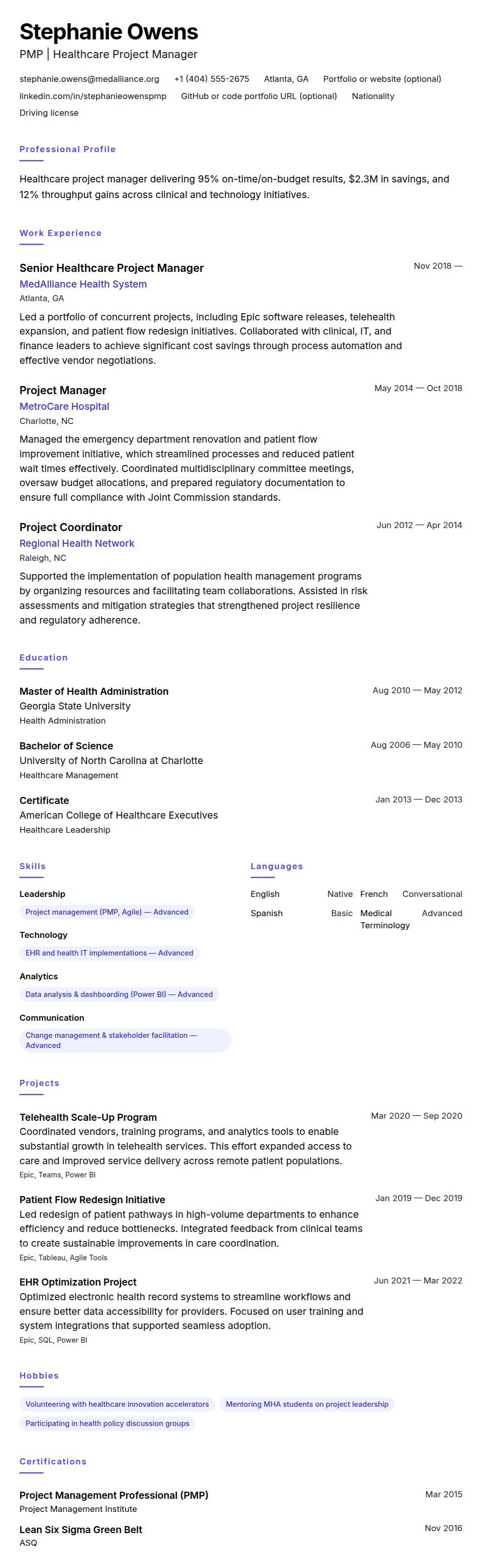 Resume preview for Healthcare Project Manager Resume Example