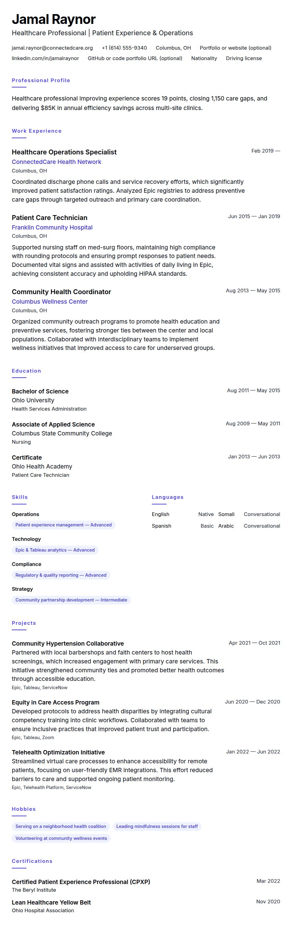 Resume preview for Healthcare Professional Resume Example