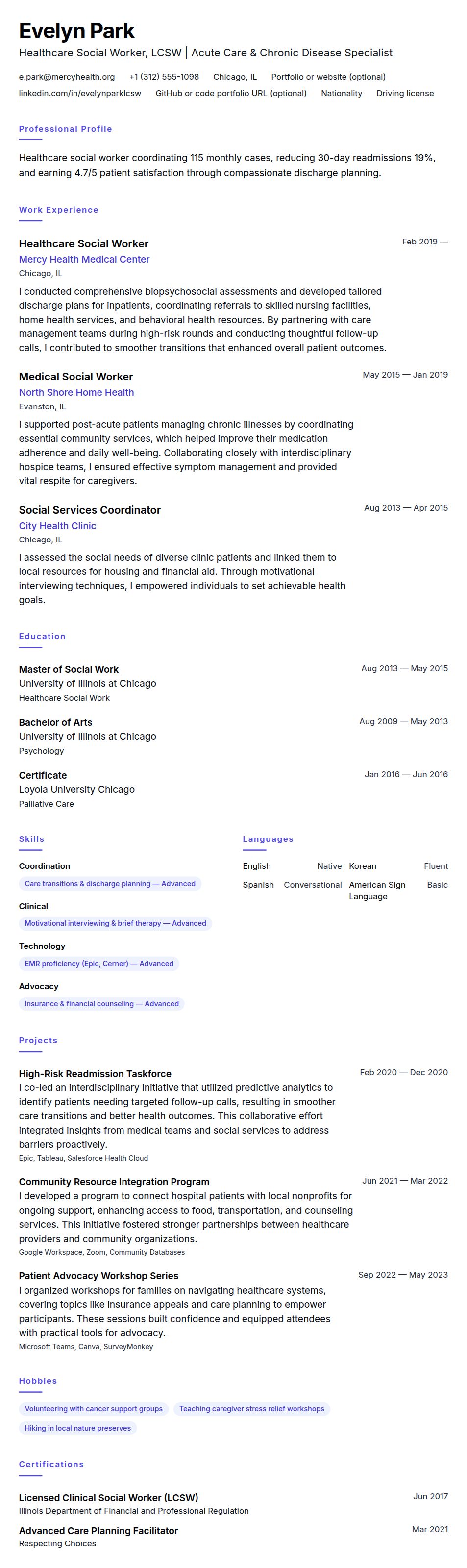 Resume preview for Healthcare Social Worker Resume Example