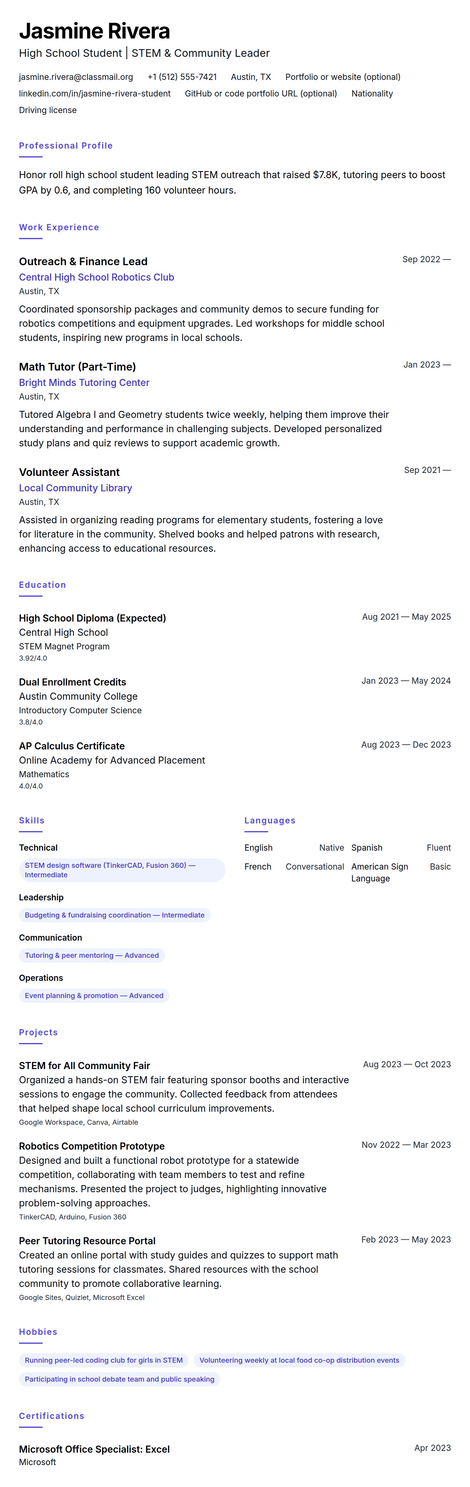 Resume preview for High School Student Resume Example