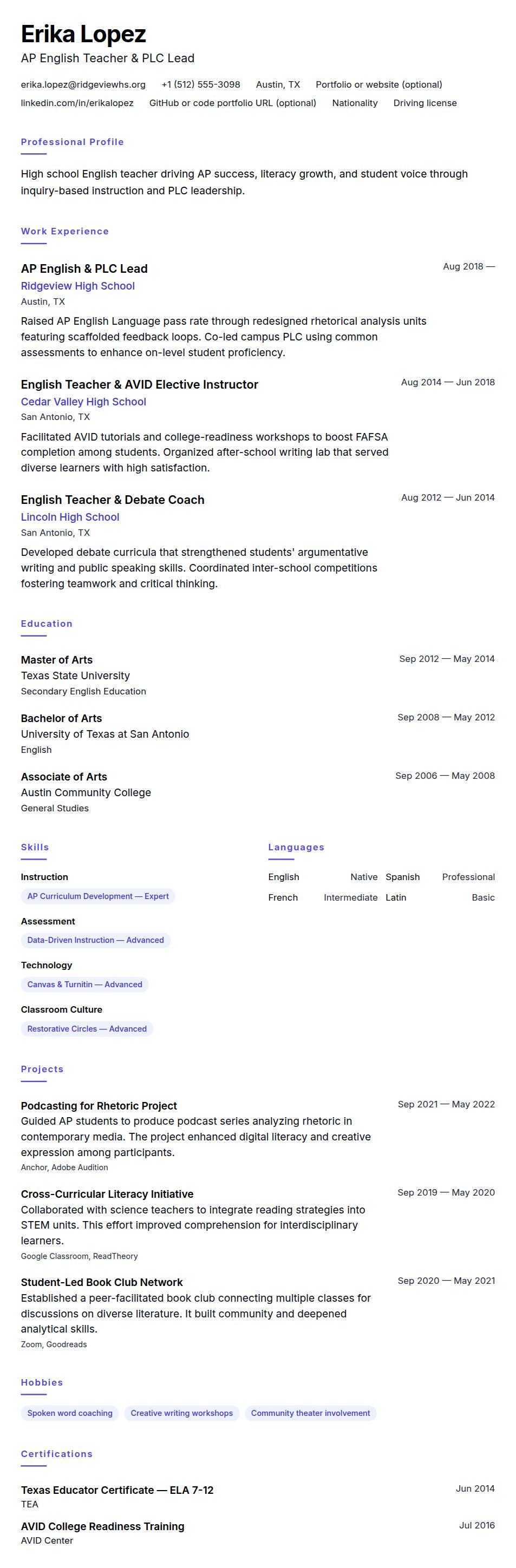 Resume preview for High School Teacher Resume Example