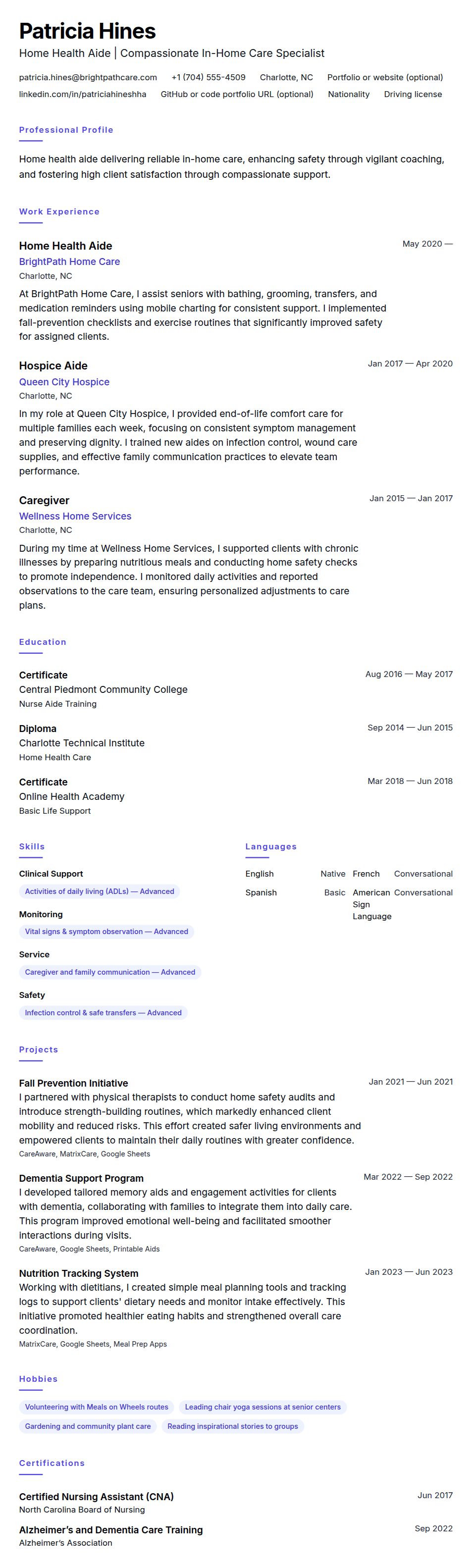 Resume preview for Home Health Aide Resume Example