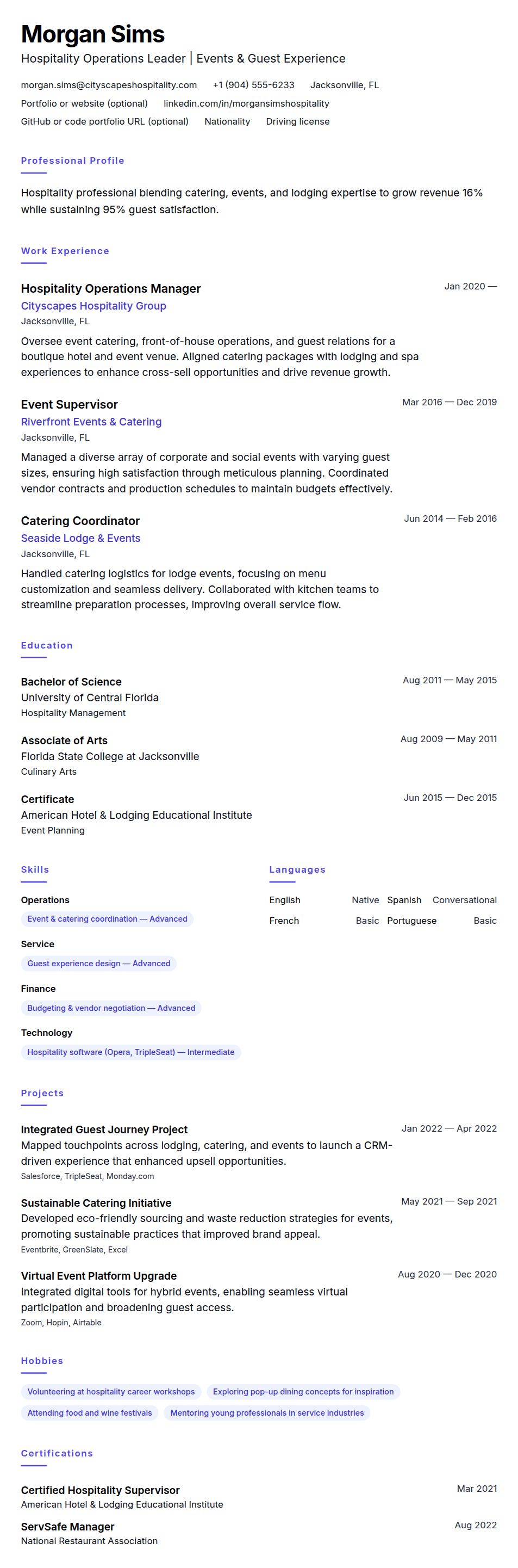 Resume preview for Hospitality and Catering Professional Resume Example