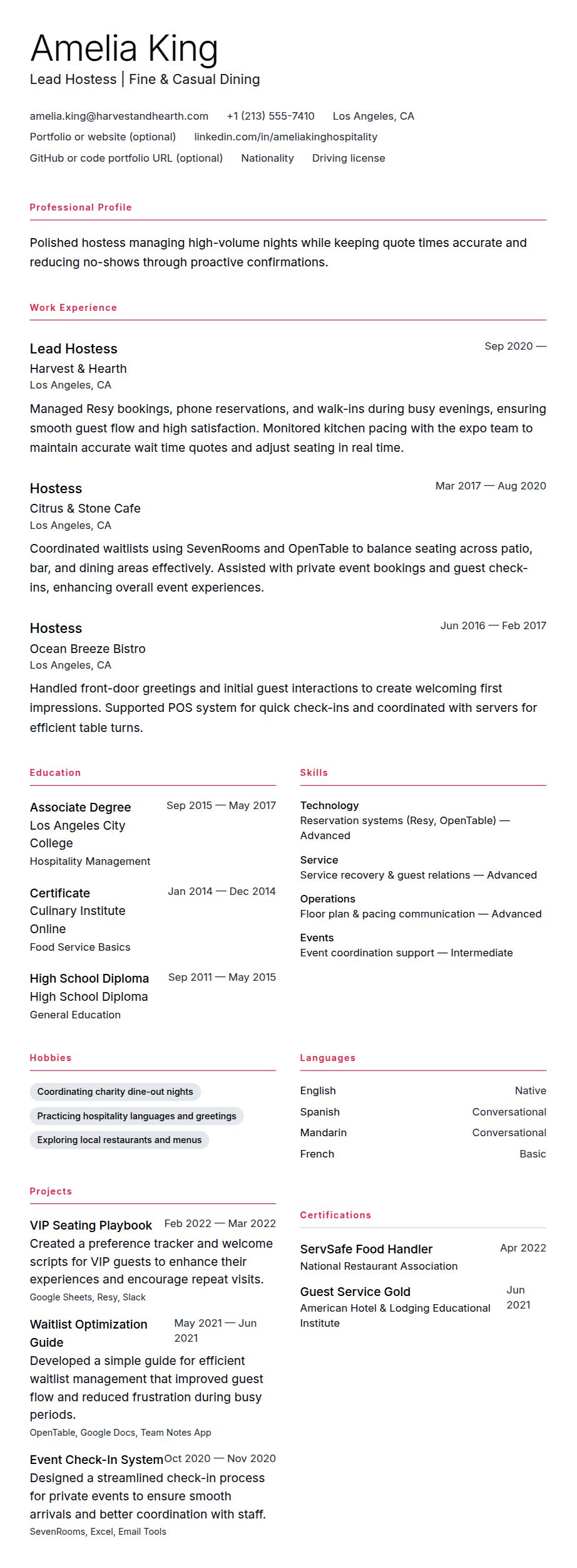 Resume preview for Hostess Resume Example