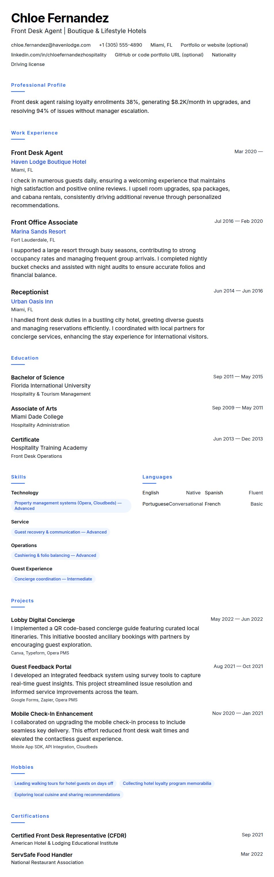 Resume preview for Hotel Front Desk Employee Resume Example