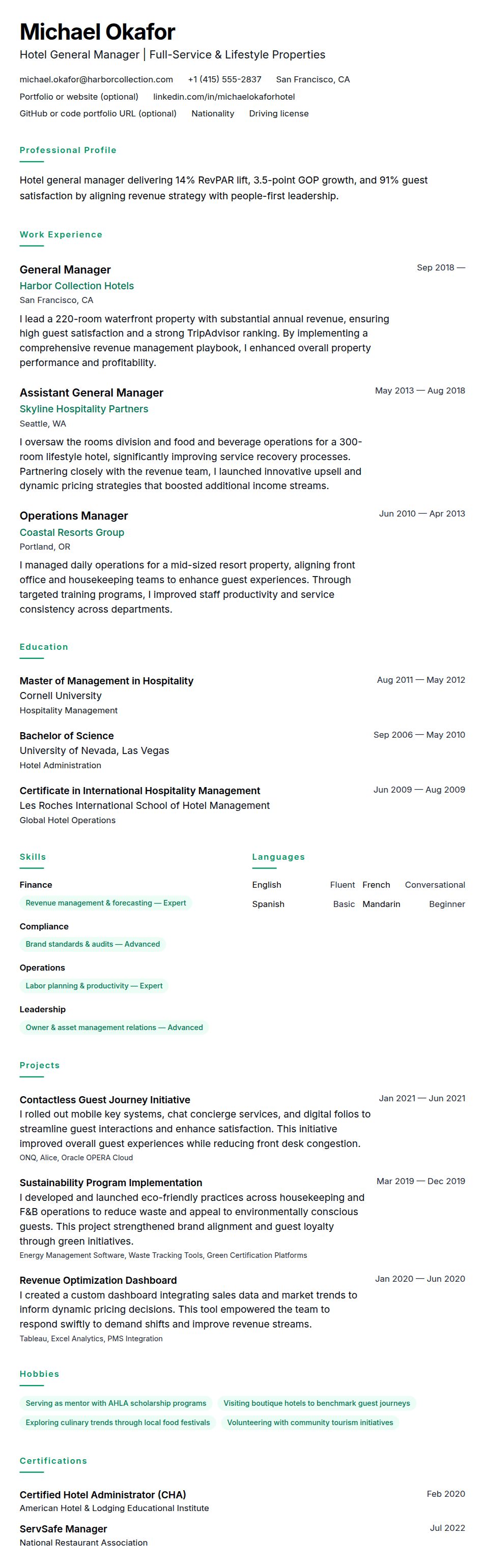 Resume preview for Hotel Management Resume Example