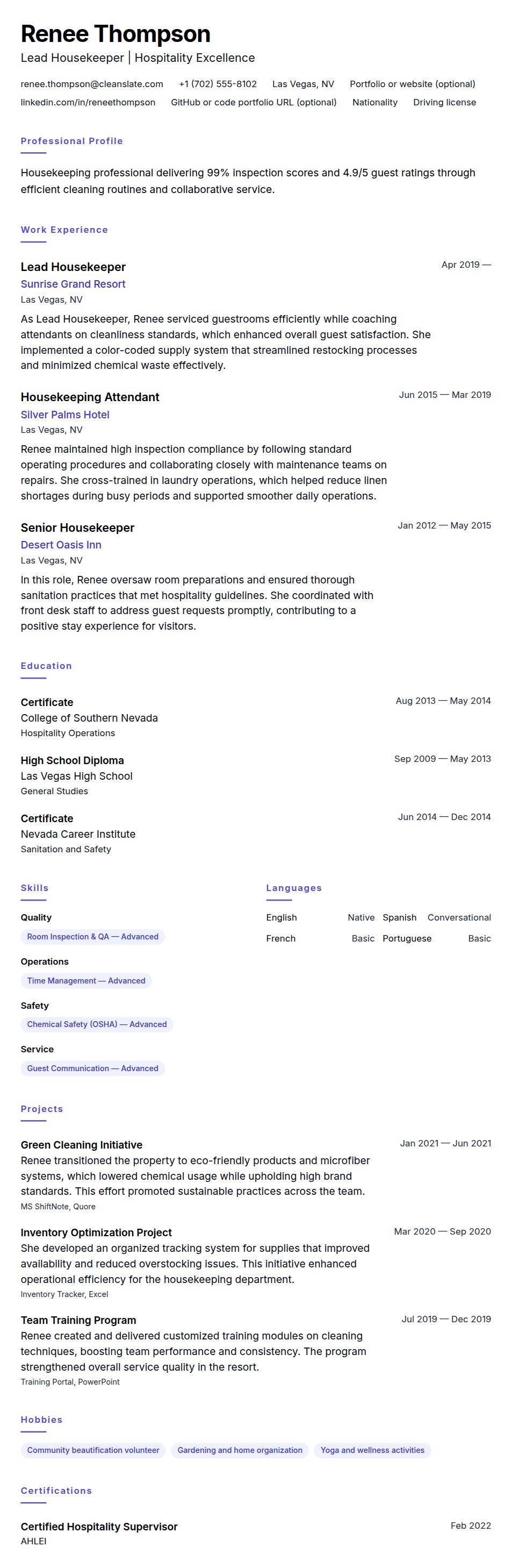 Resume preview for Housekeeping Resume Example
