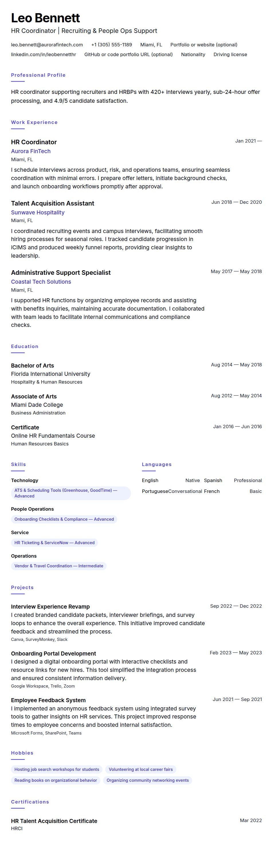 Resume preview for HR Coordinator Resume Example