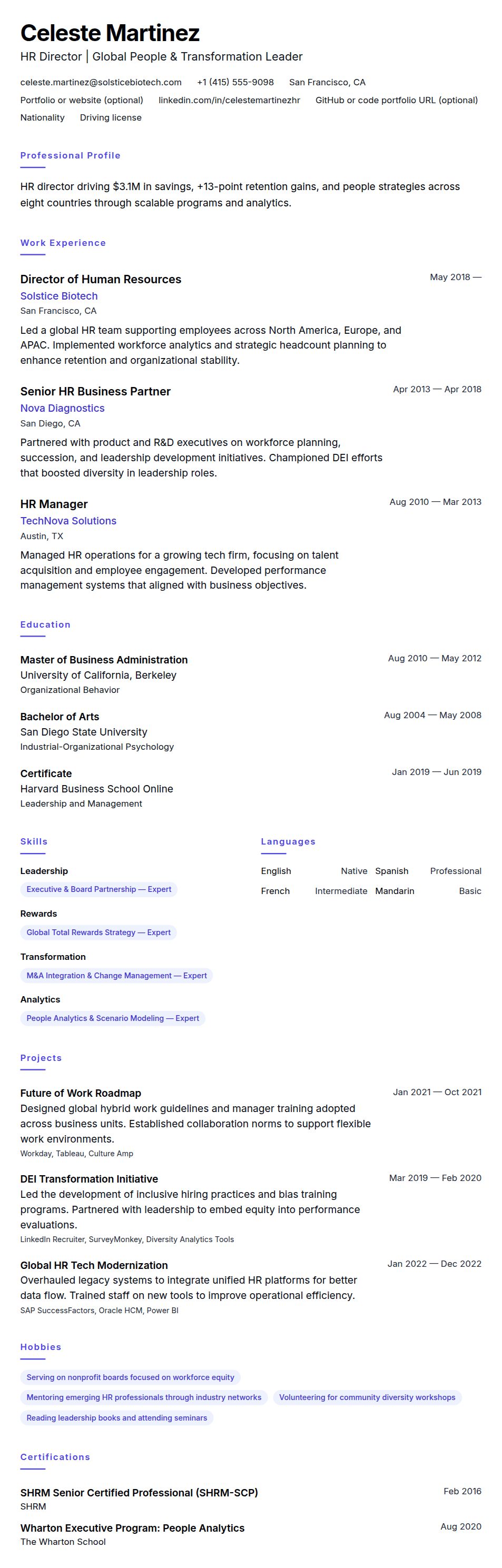 Resume preview for HR Director Resume Example