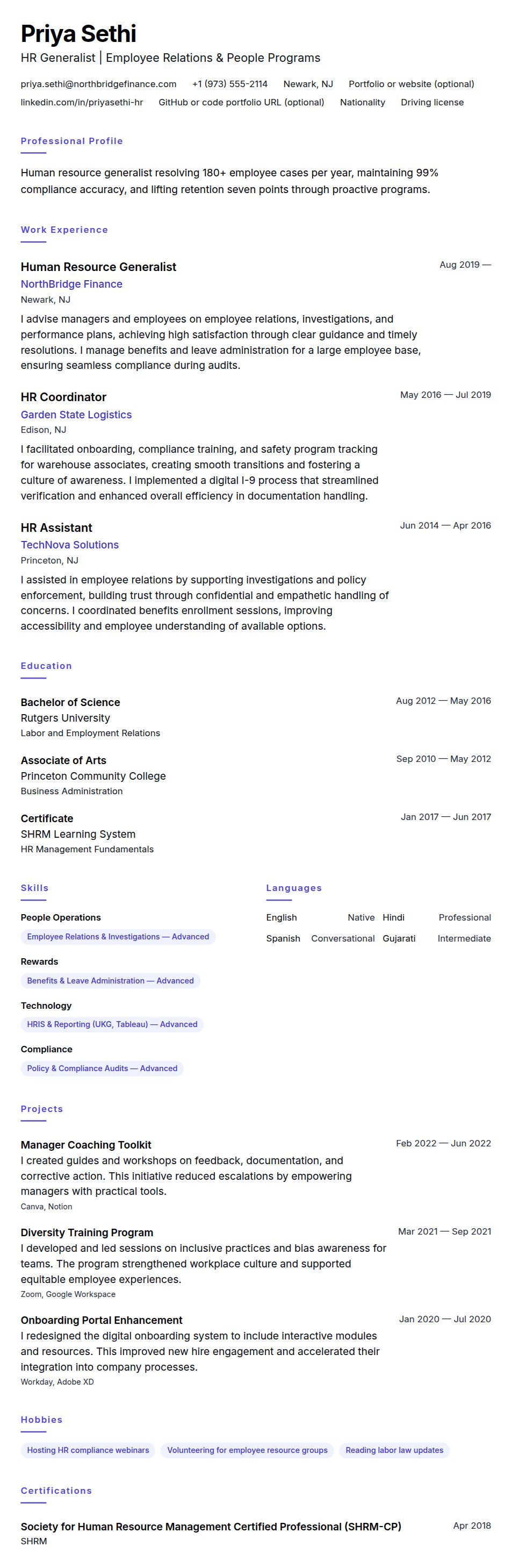 Resume preview for Human Resource Generalist Resume Example