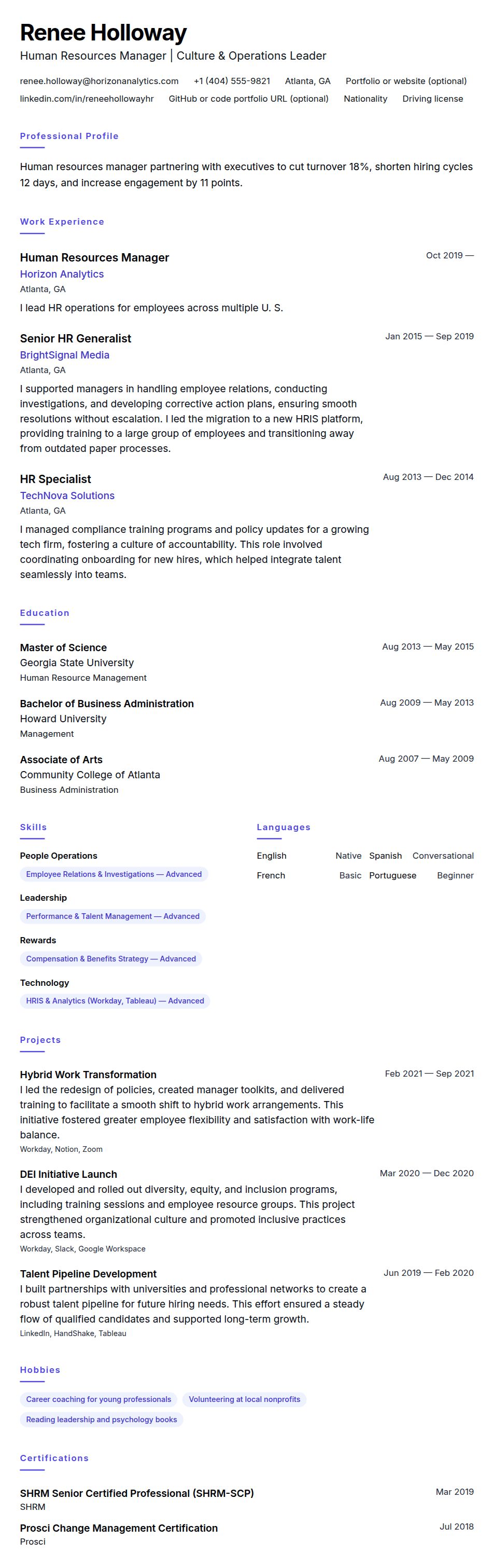 Resume preview for Human Resources Manager Resume Example