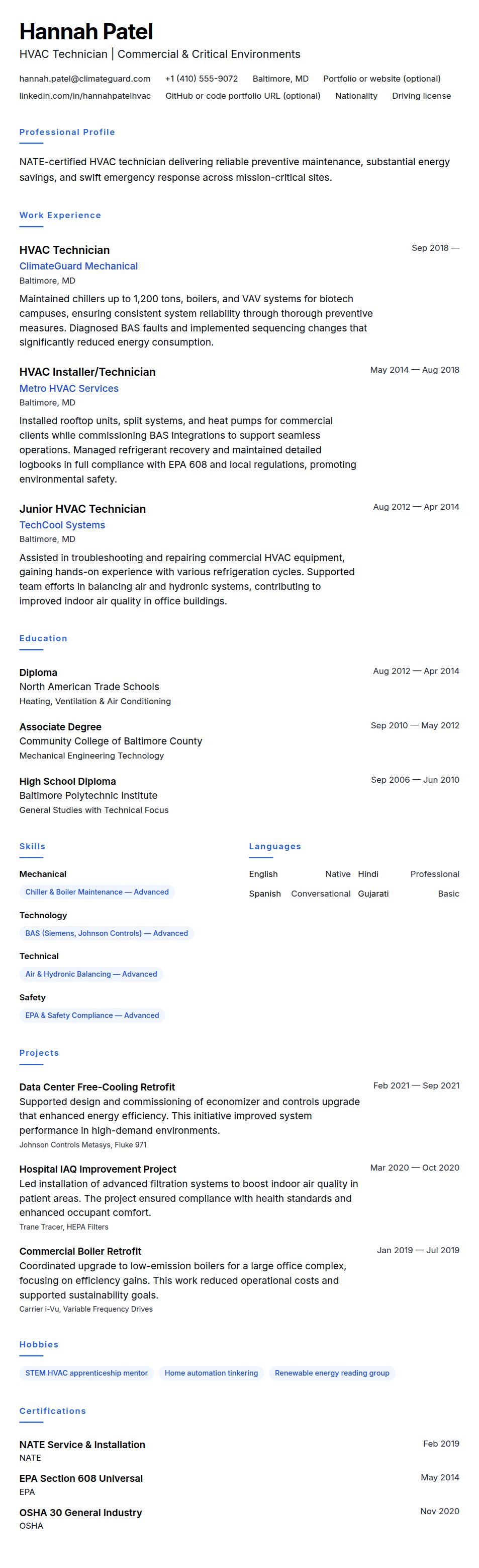 Resume preview for HVAC Technician Resume Example