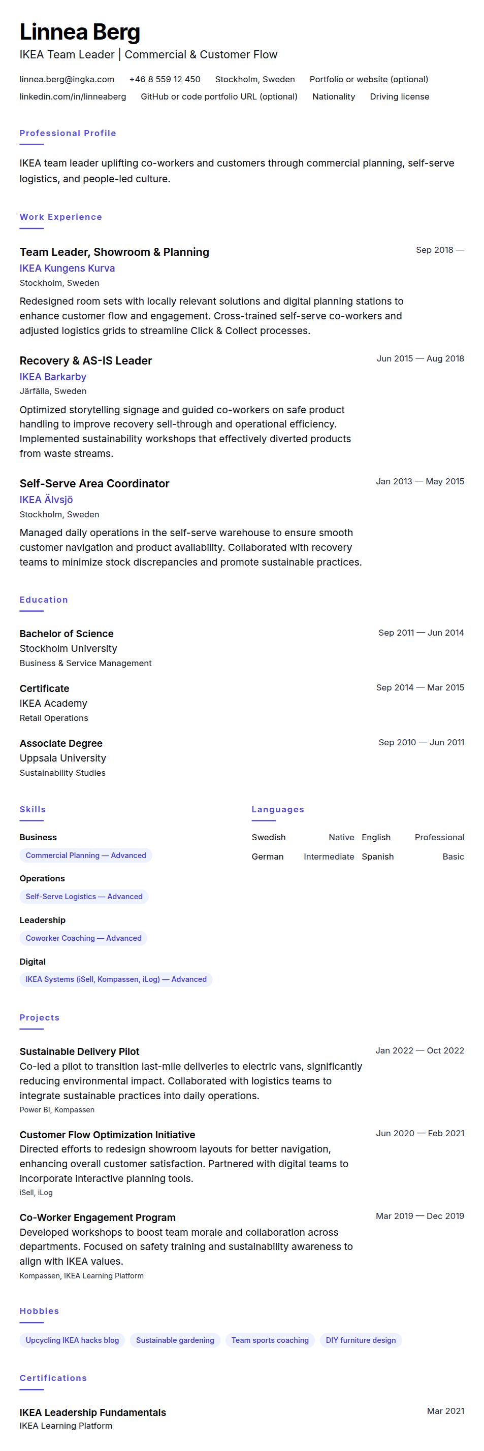 Resume preview for IKEA Team Leader Resume Example