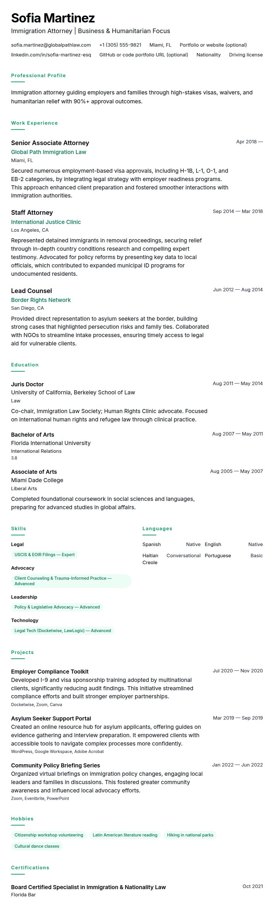 Resume preview for Immigration Lawyer Resume Example