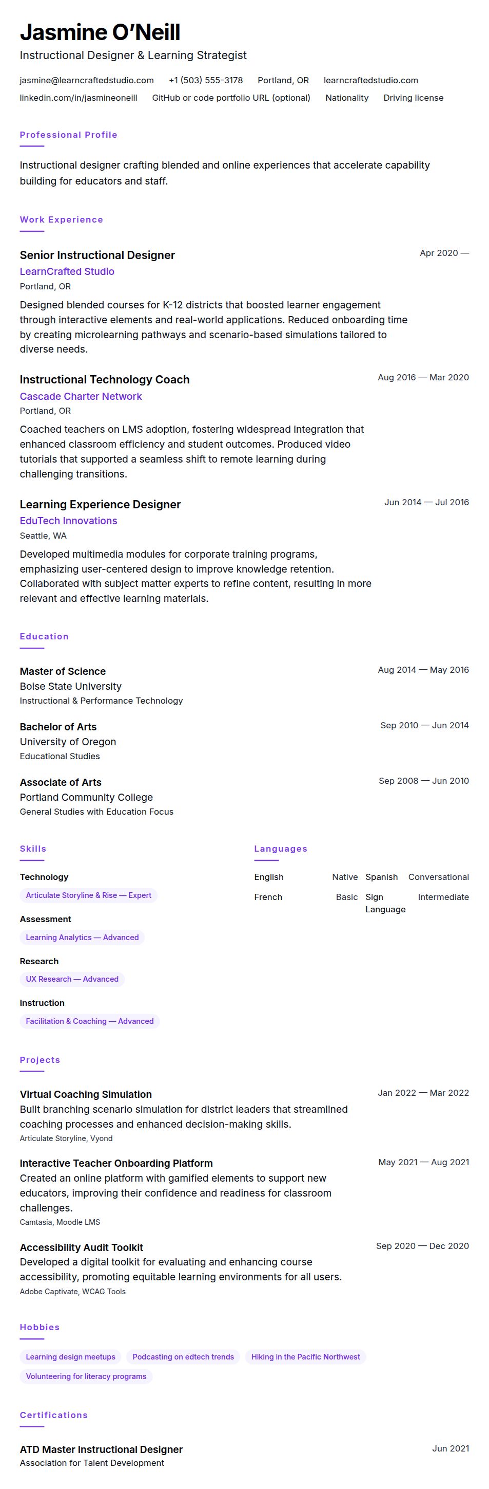 Resume preview for Instructional Designer Resume Example