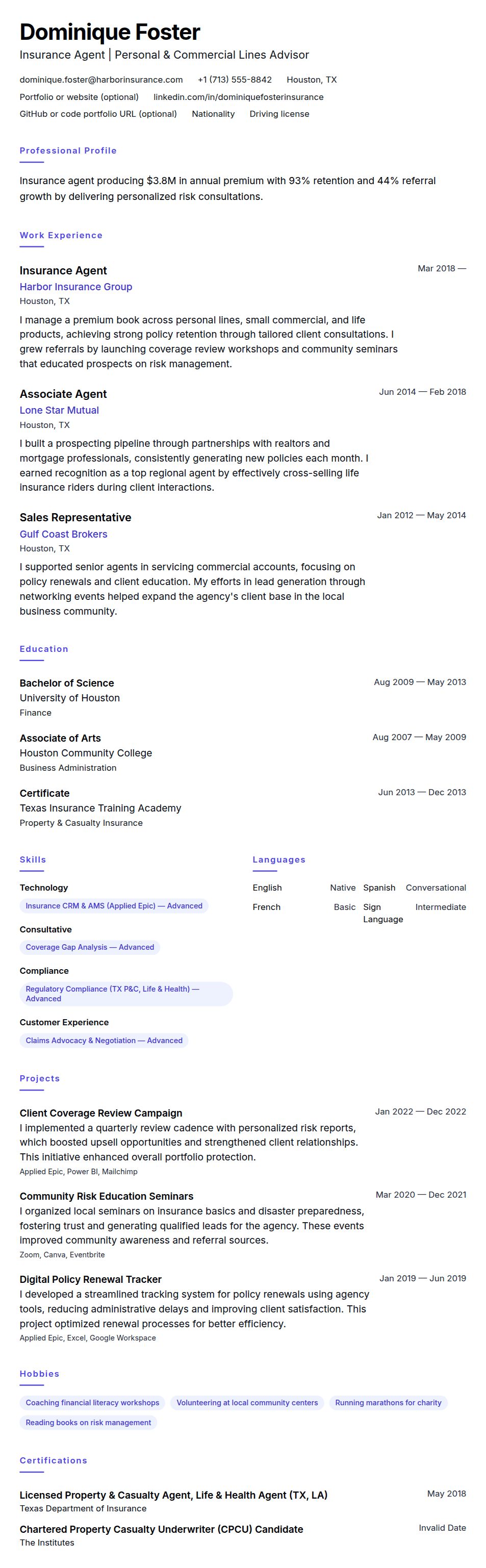 Resume preview for Insurance Agent Resume Example