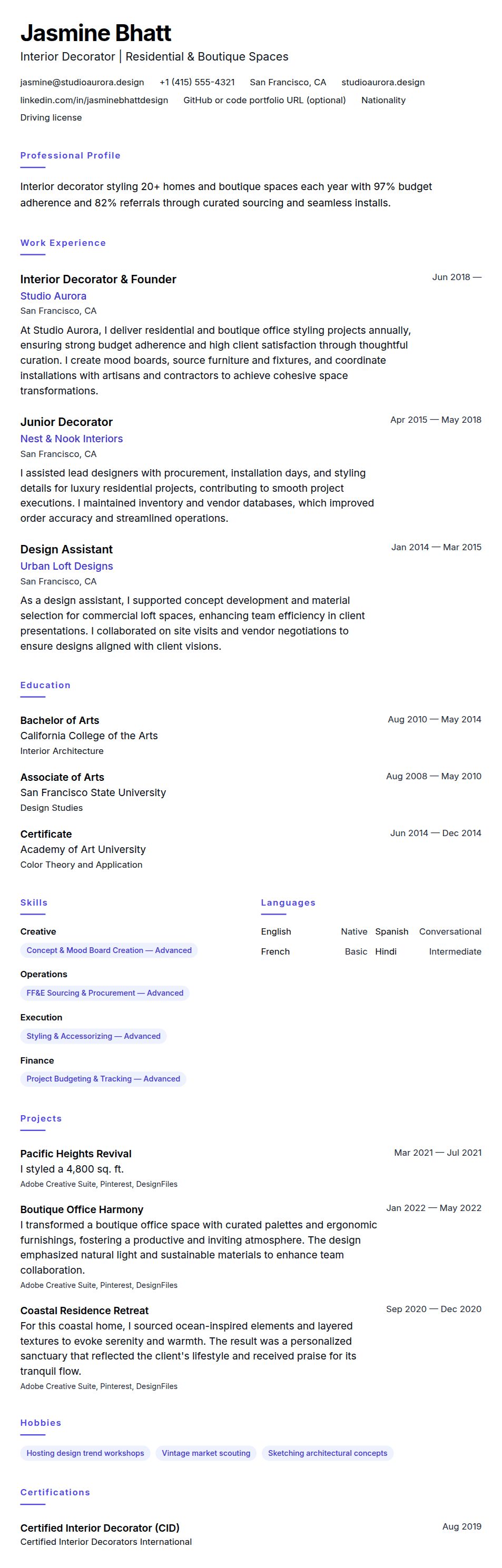 Resume preview for Interior Decorator Resume Example
