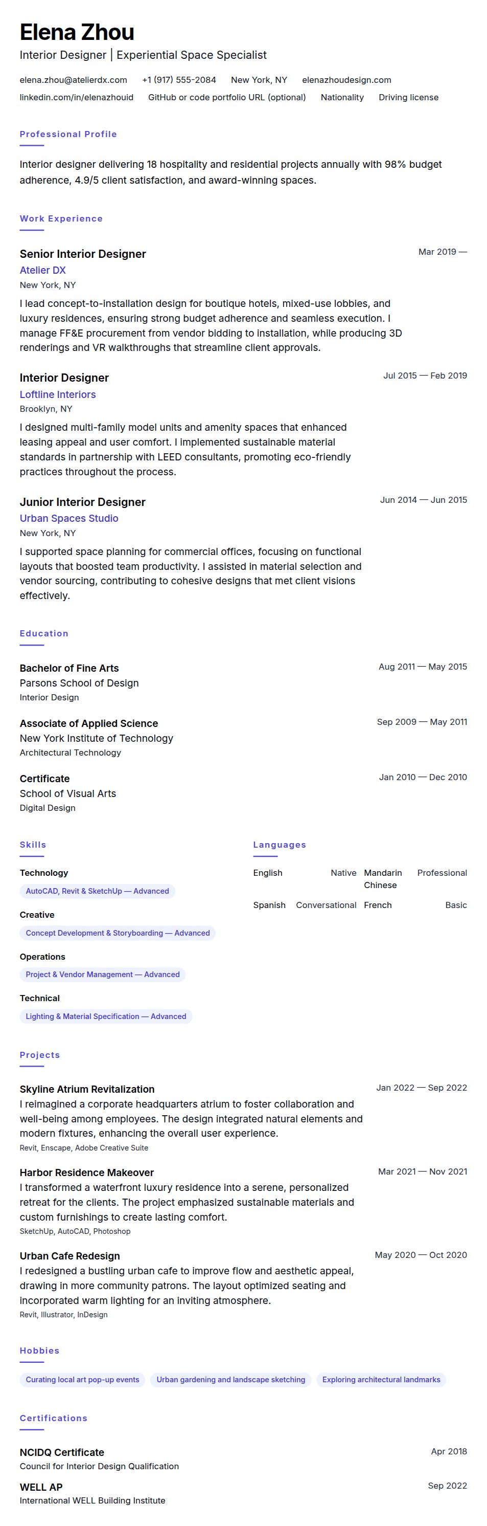 Resume preview for Interior Designer Resume Example