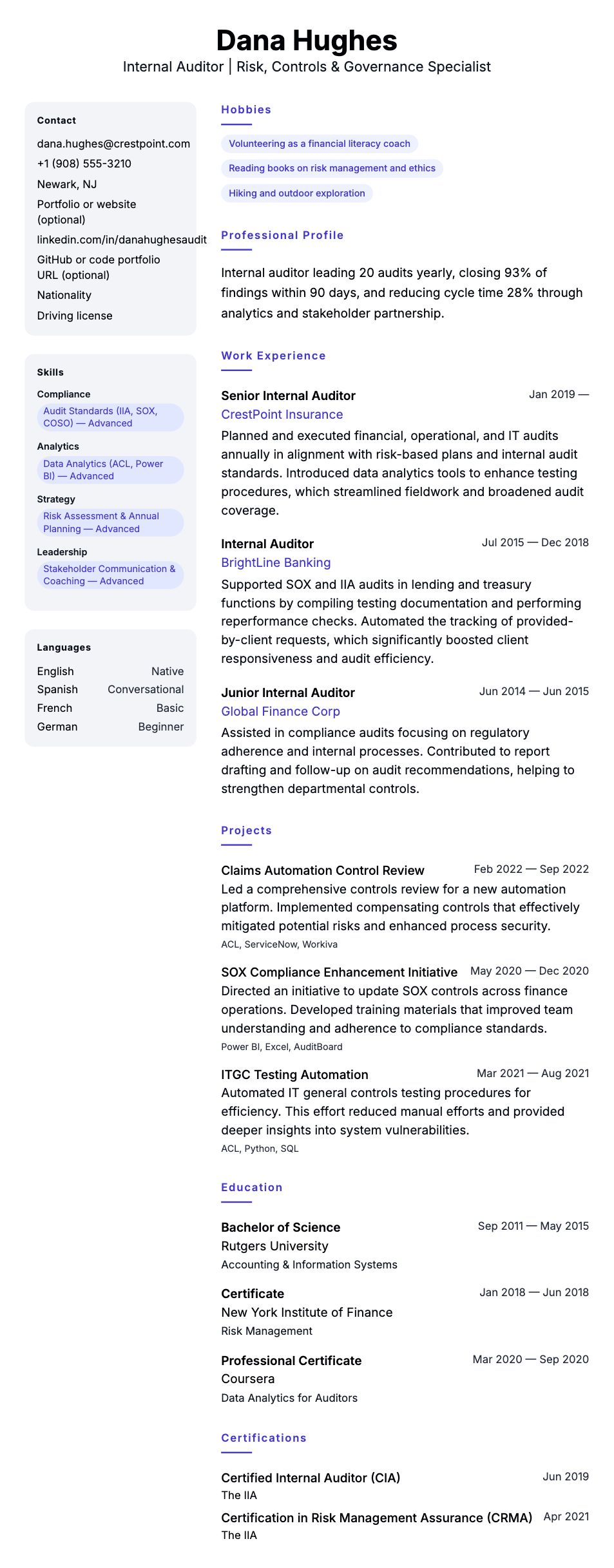 Resume preview for Internal Auditor Resume Example
