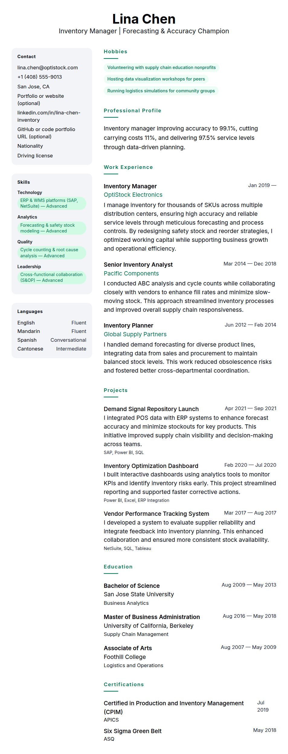 Resume preview for Inventory Manager Resume Example