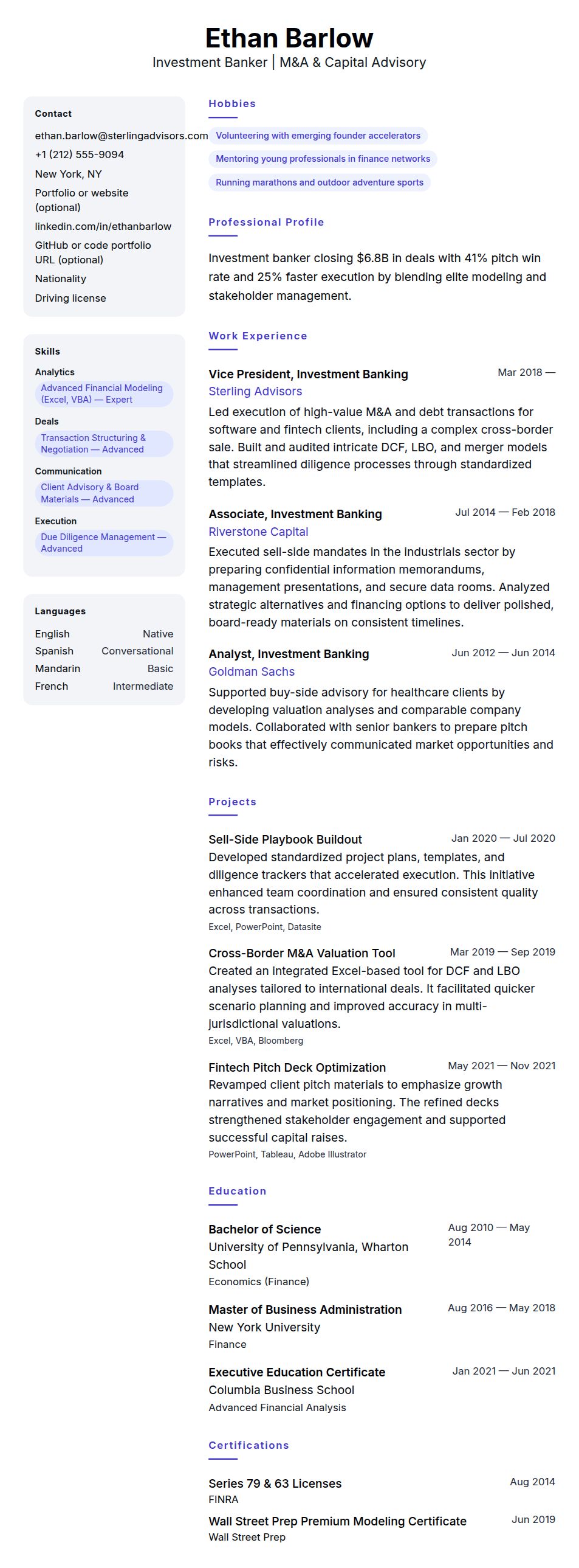 Resume preview for Investment Banker Resume Example