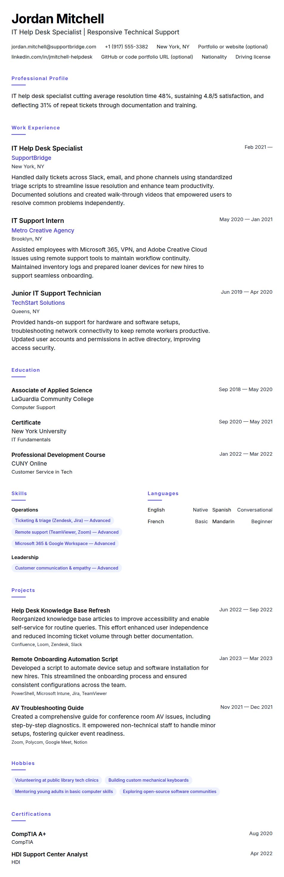 Resume preview for IT Help Desk Resume Example