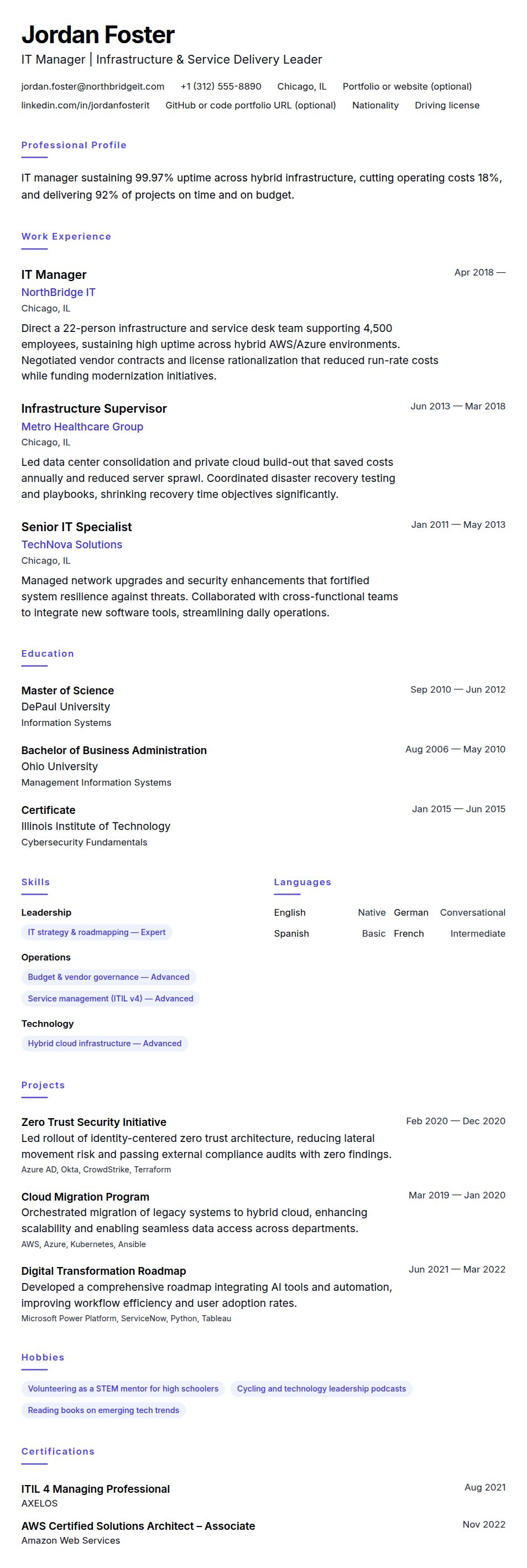 Resume preview for IT Manager Resume Example