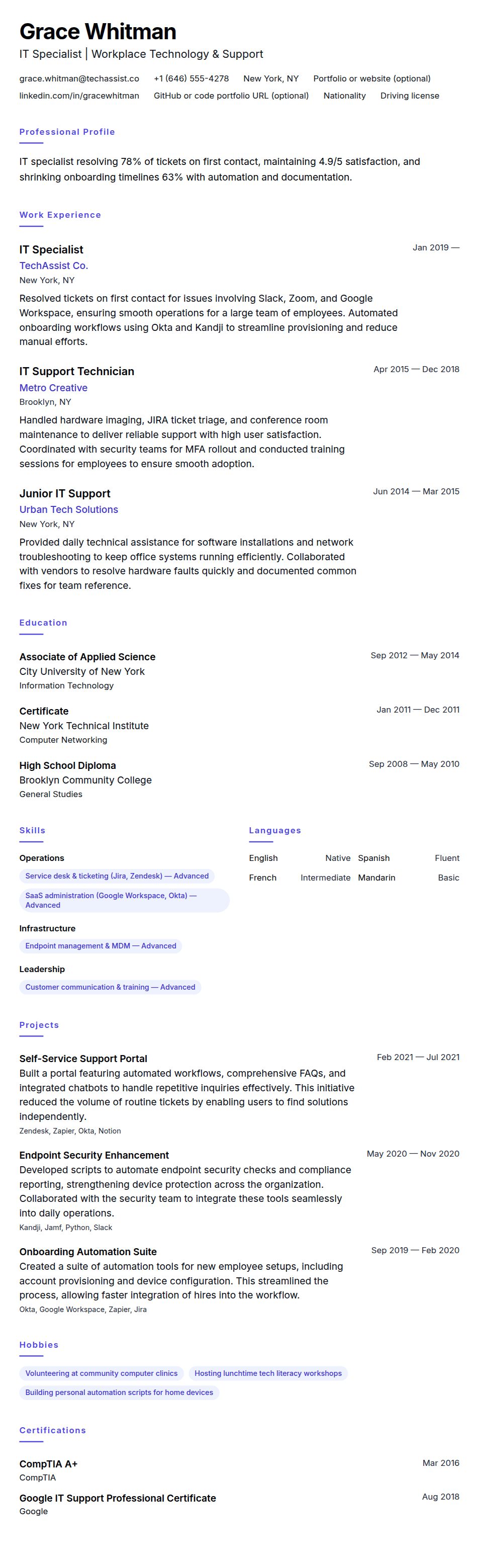 Resume preview for IT Specialist Resume Example