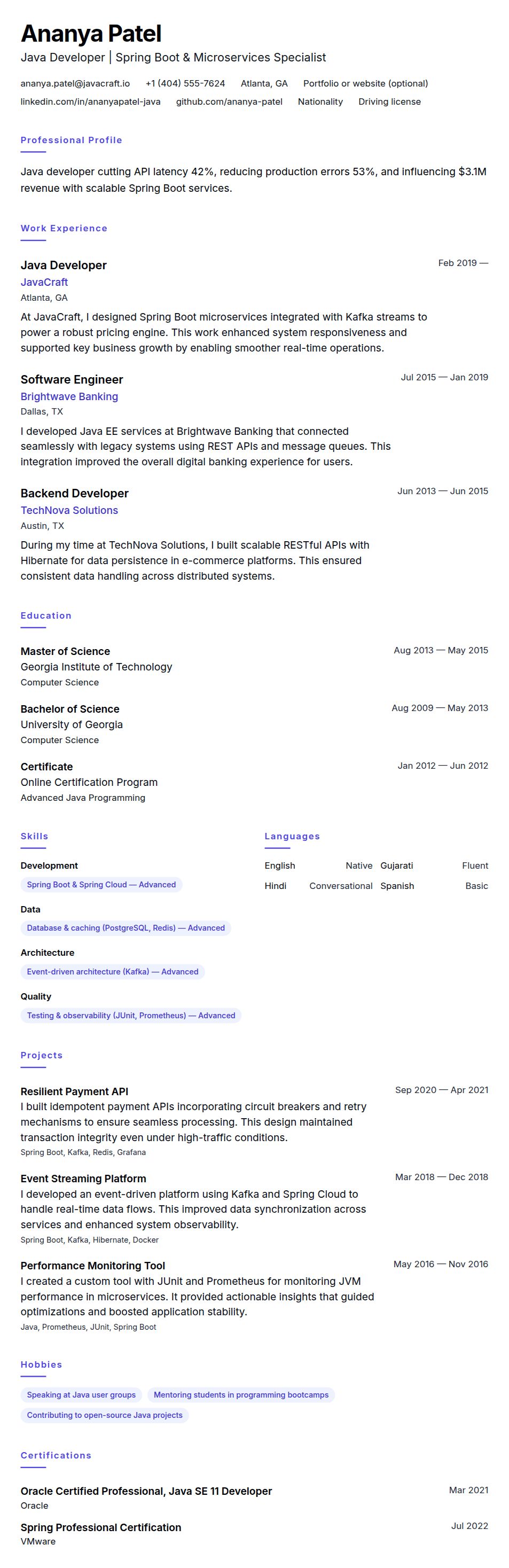 Resume preview for Java Developer Resume Example