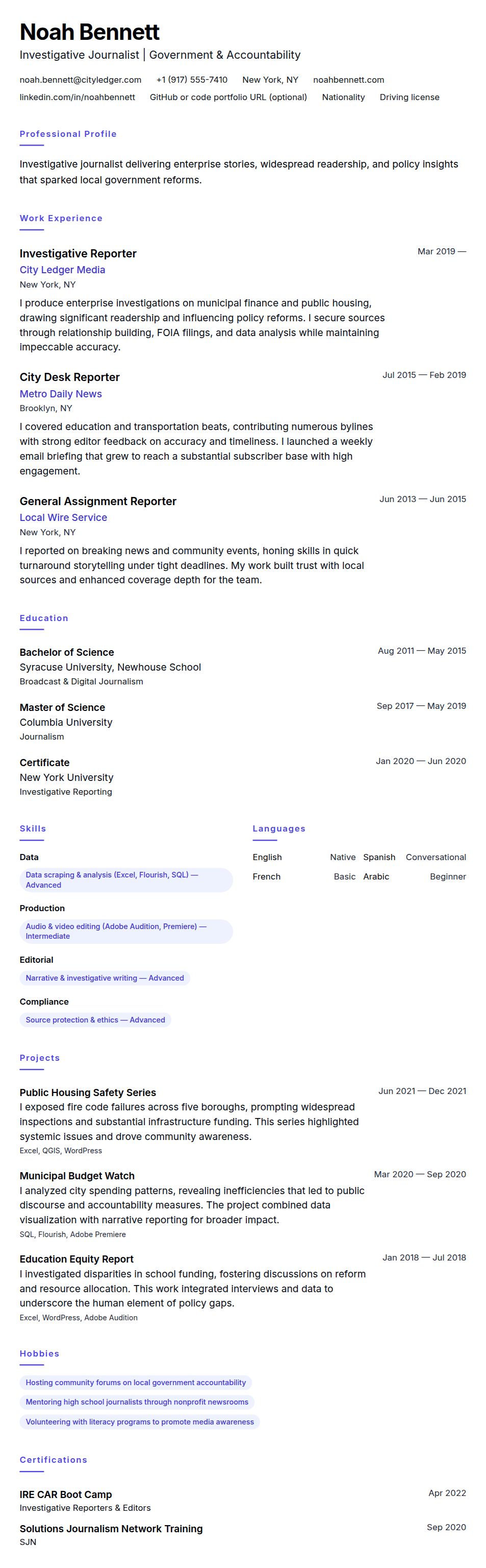 Resume preview for Journalist Resume Example