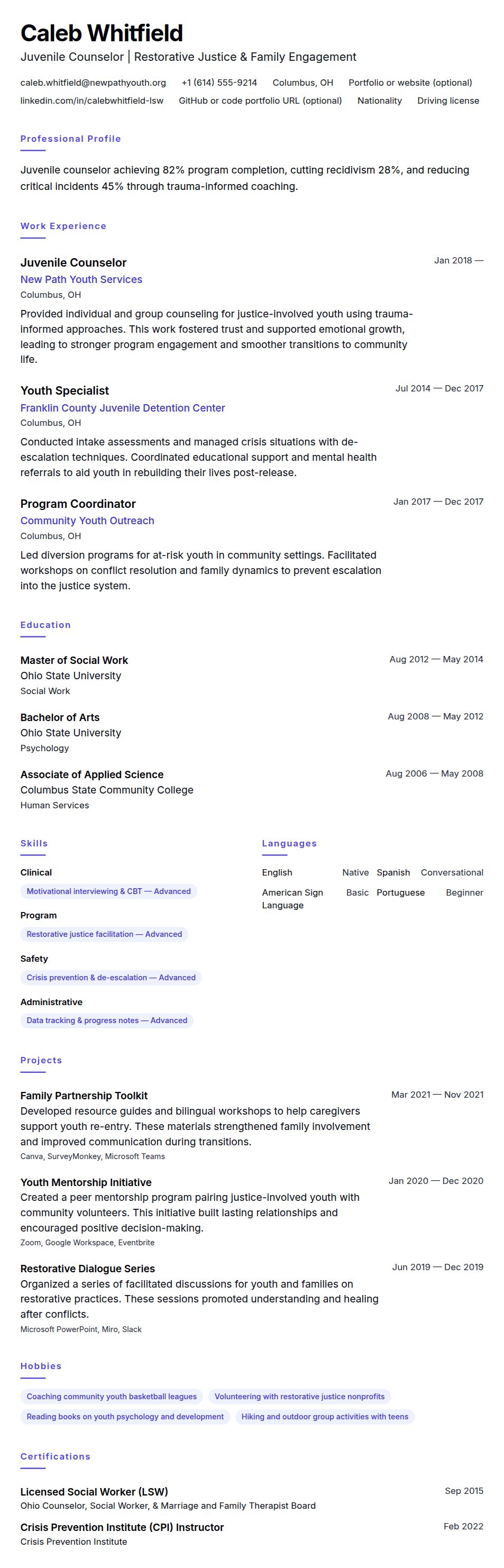 Resume preview for Juvenile Counselor Resume Example