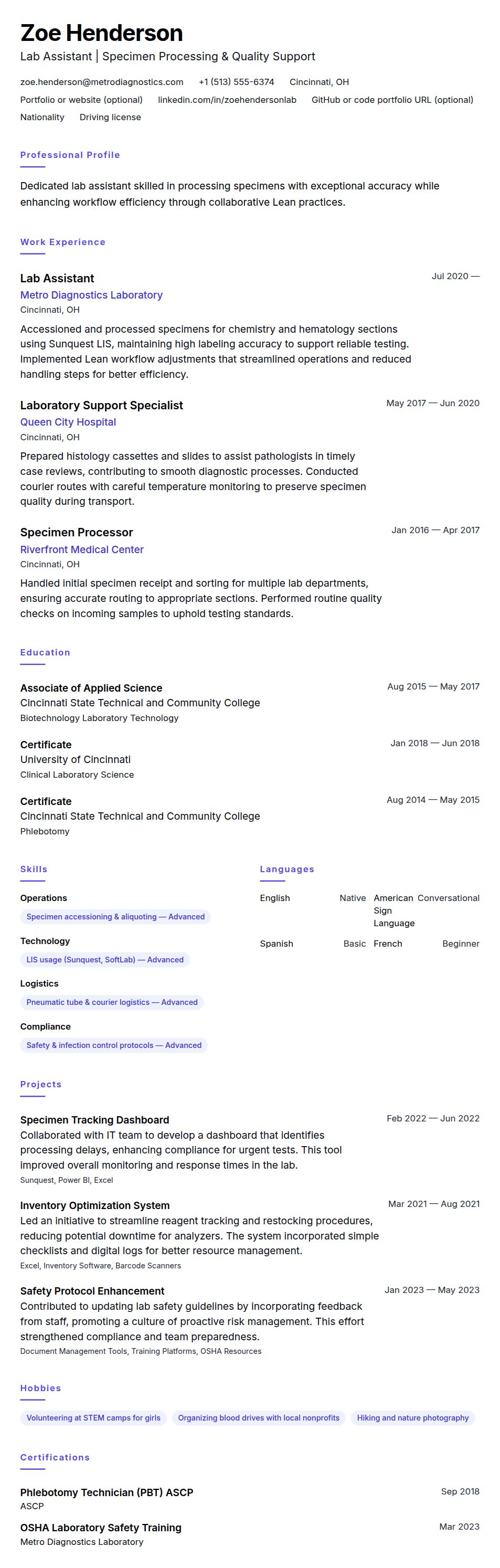 Resume preview for Lab Assistant Resume Example
