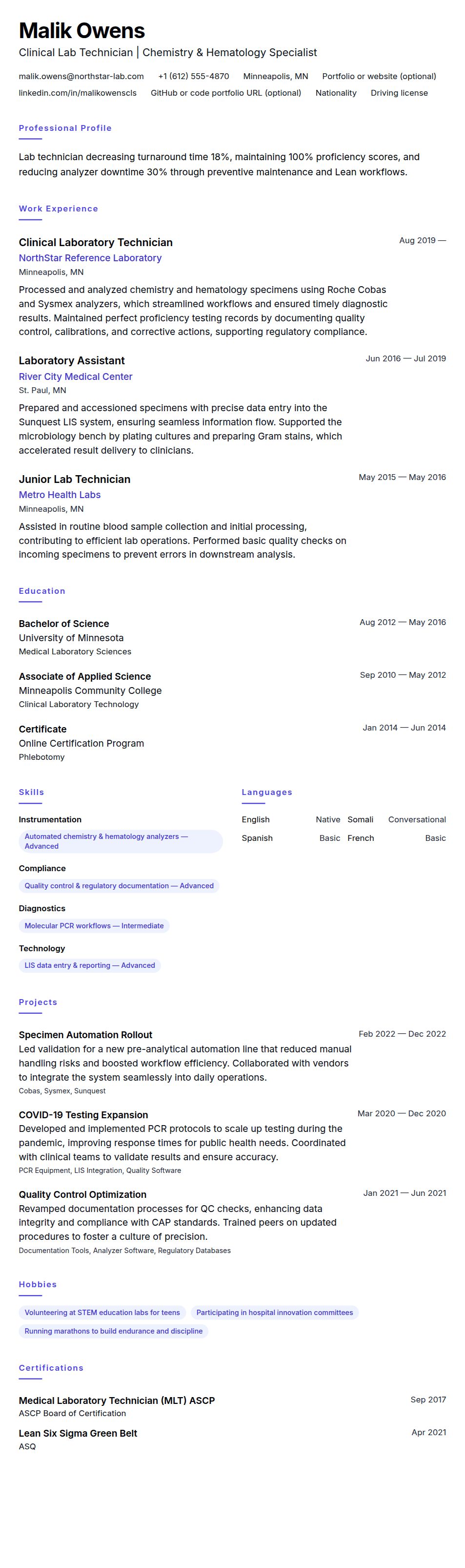 Resume preview for Lab Technician Resume Example