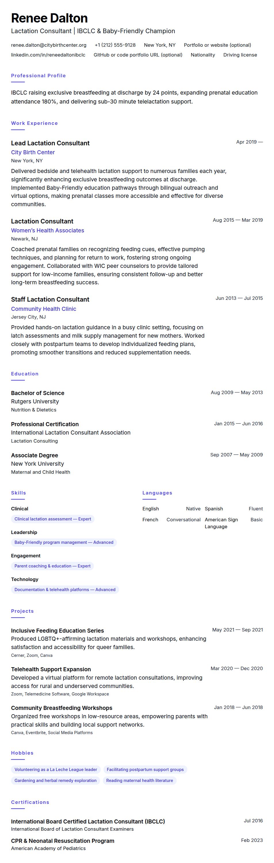Resume preview for Lactation Consultant Resume Example