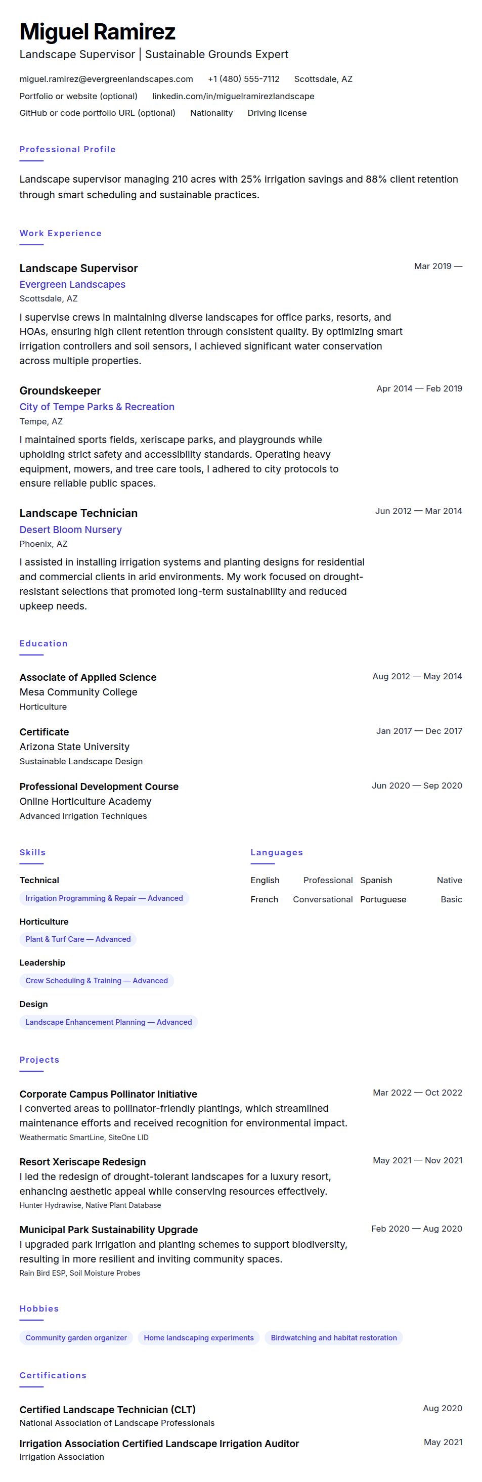 Resume preview for Landscaping Resume Example