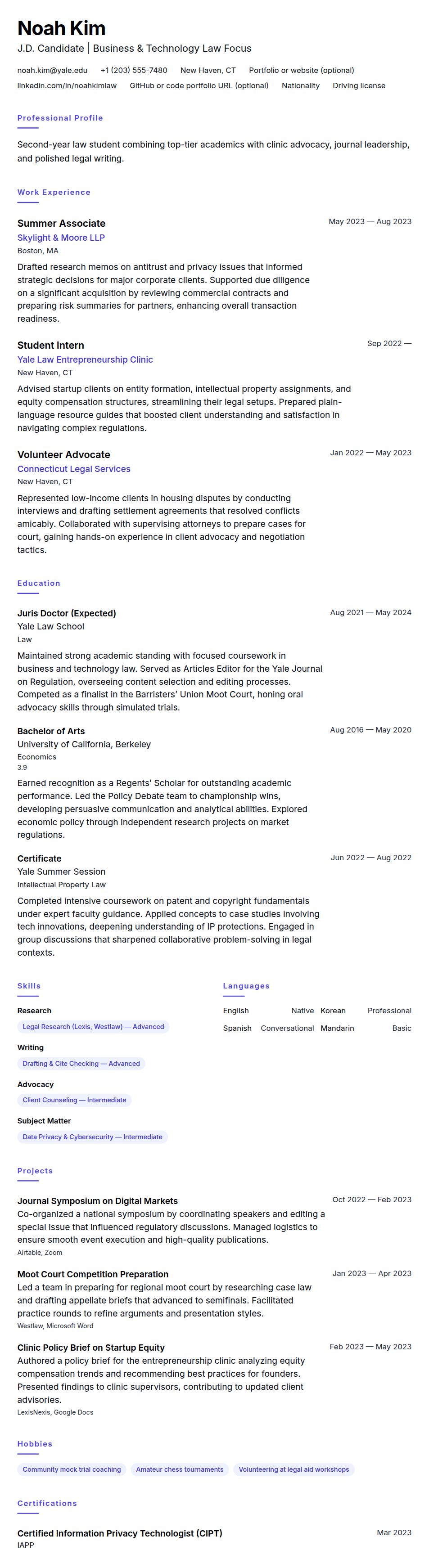 Resume preview for Law School Student Resume Example
