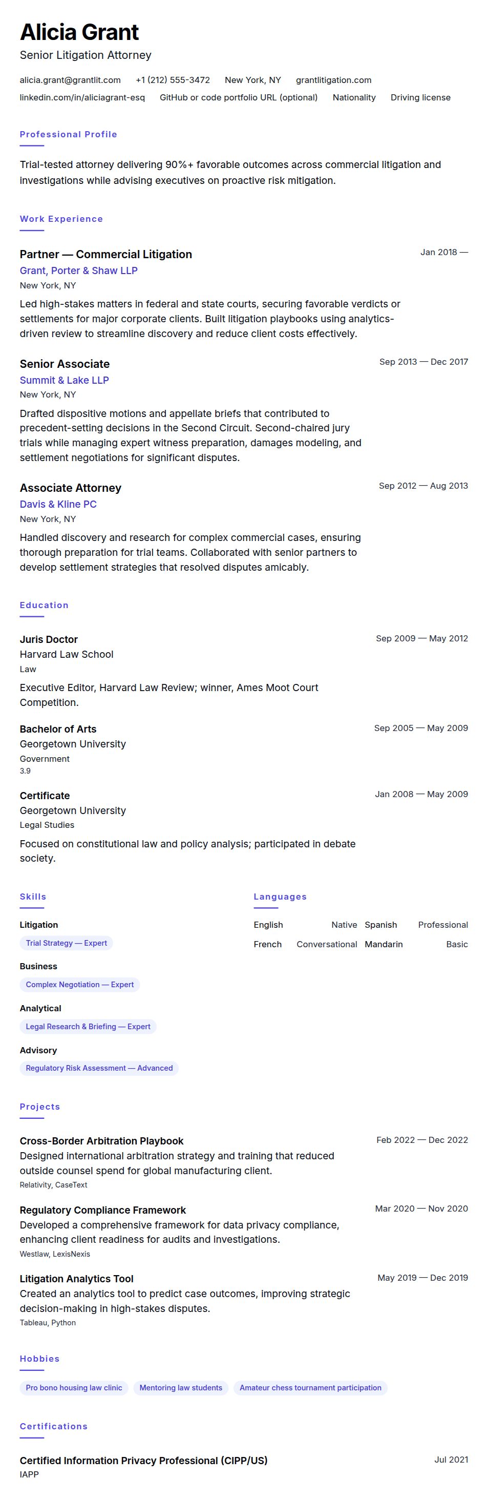 Resume preview for Lawyer Resume Example