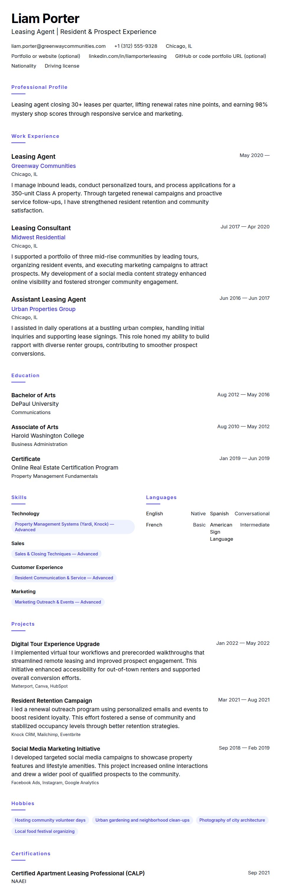 Resume preview for Leasing Agent Resume Example