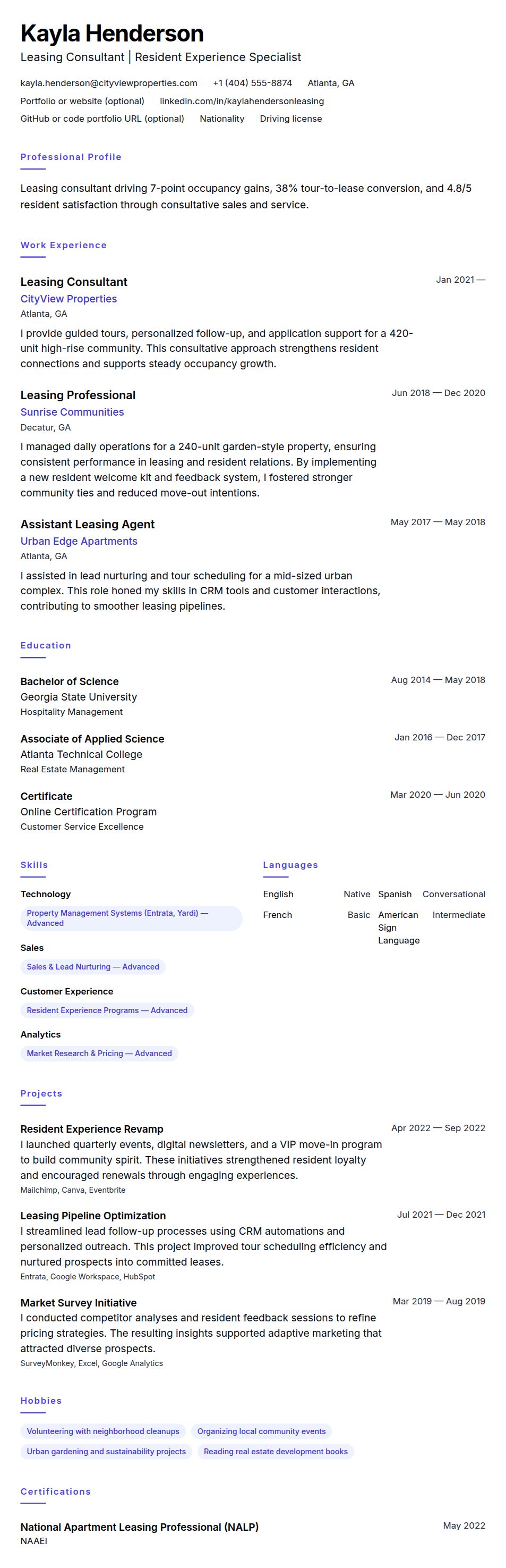 Resume preview for Leasing Consultant Resume Example