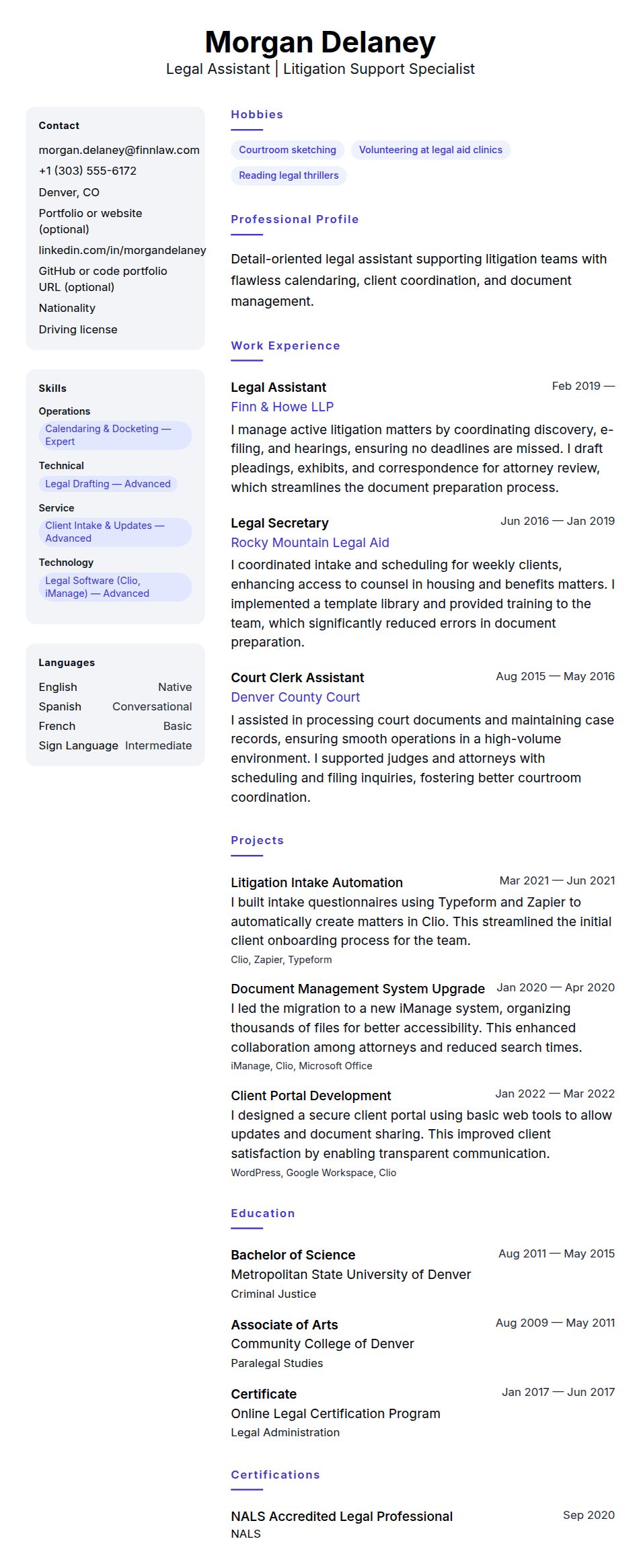 Resume preview for Legal Assistant Resume Example