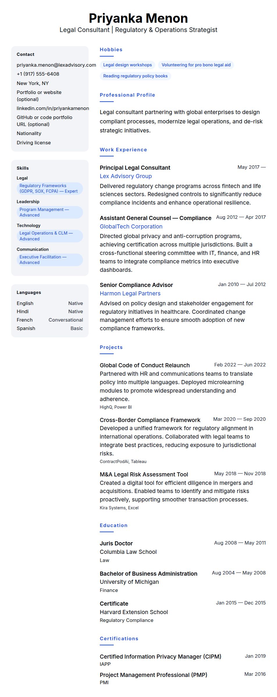 Resume preview for Legal Consultant Resume Example